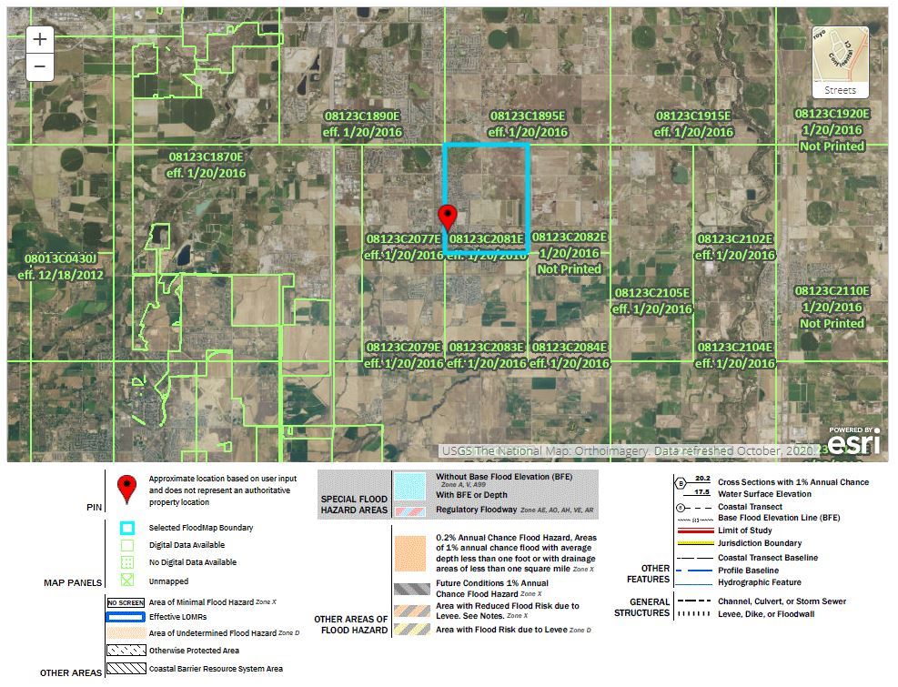 Map displaying flood zone boundaries with a pinpointed location in Frederick.