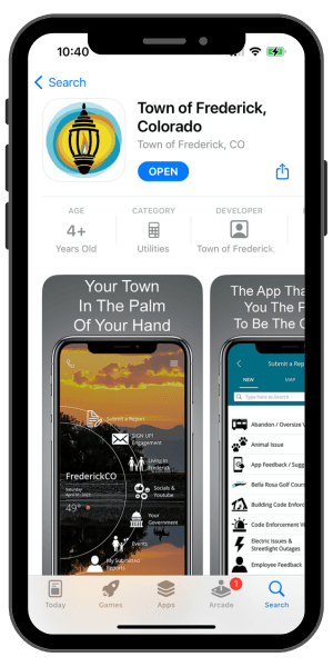 Smartphone screen showing the Town of Frederick app page in the App Store, ready for download with the town’s logo and app features.