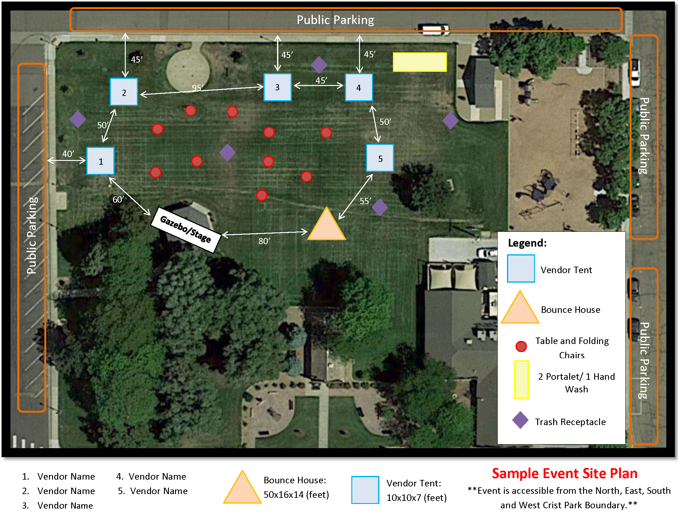 An example map of the site plan. A map of an event in Crist Park showing the layout of vendor tents,