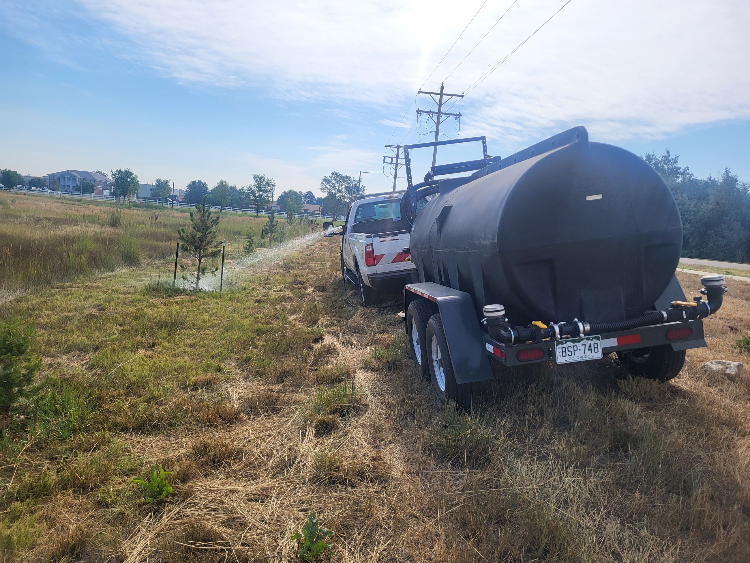 WaterTrailer being used to water trees on the side of the road