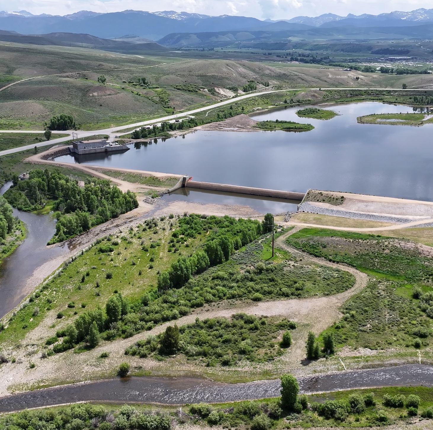 Drone shot of Windy Gap Reservoir