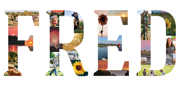 The word "FRED" filled with a collage of various images, including sunsets, fireworks, sunflowers, p…