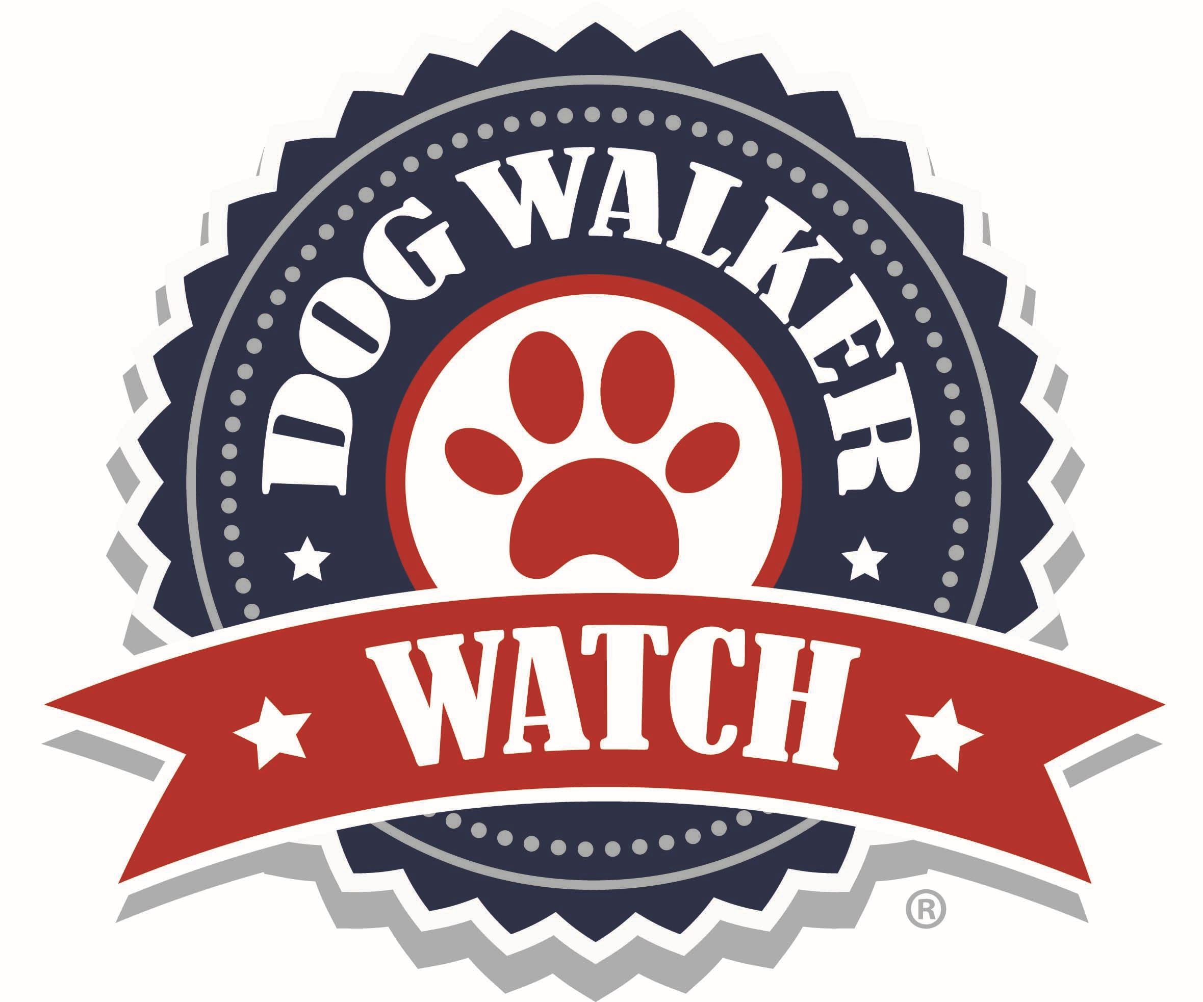 Circular blue and red Dog Walker Watch with a red paw in the middle