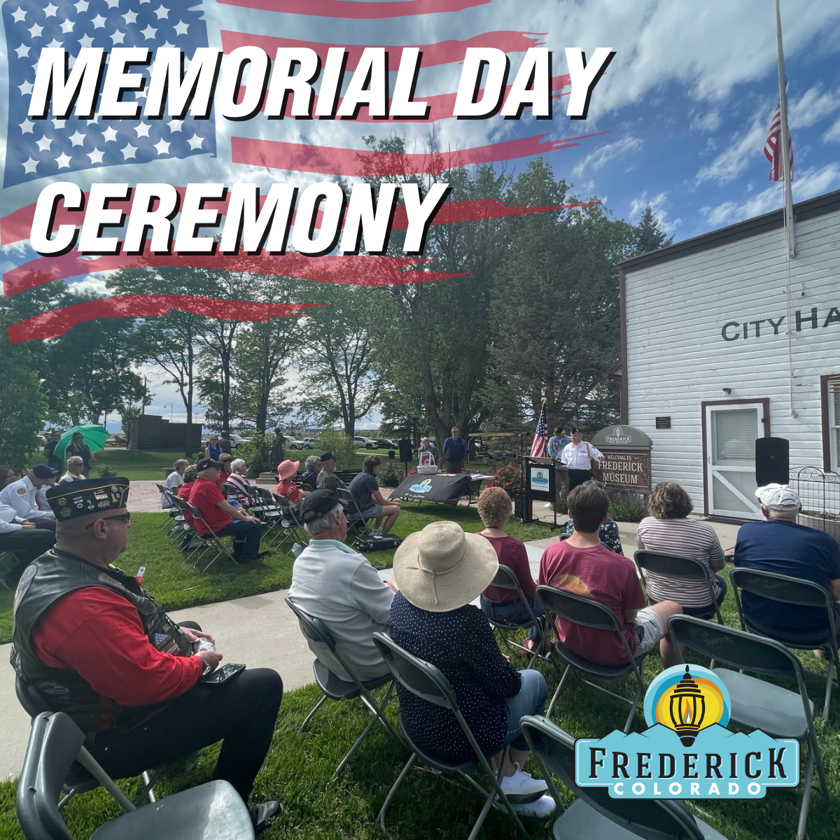 Speaker at podium addressing the audience outdoors. Frederick logo, text \"Memorial Day Ceremony&…