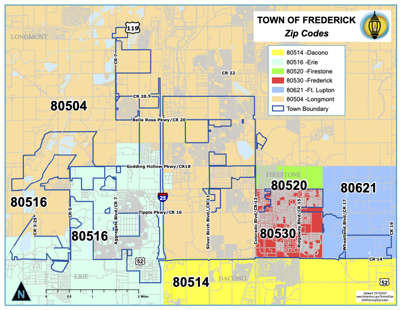 Map of Frederick, Colorado, showing ZIP Code 80530 in red within Town boundaries and surrounding ZIP…