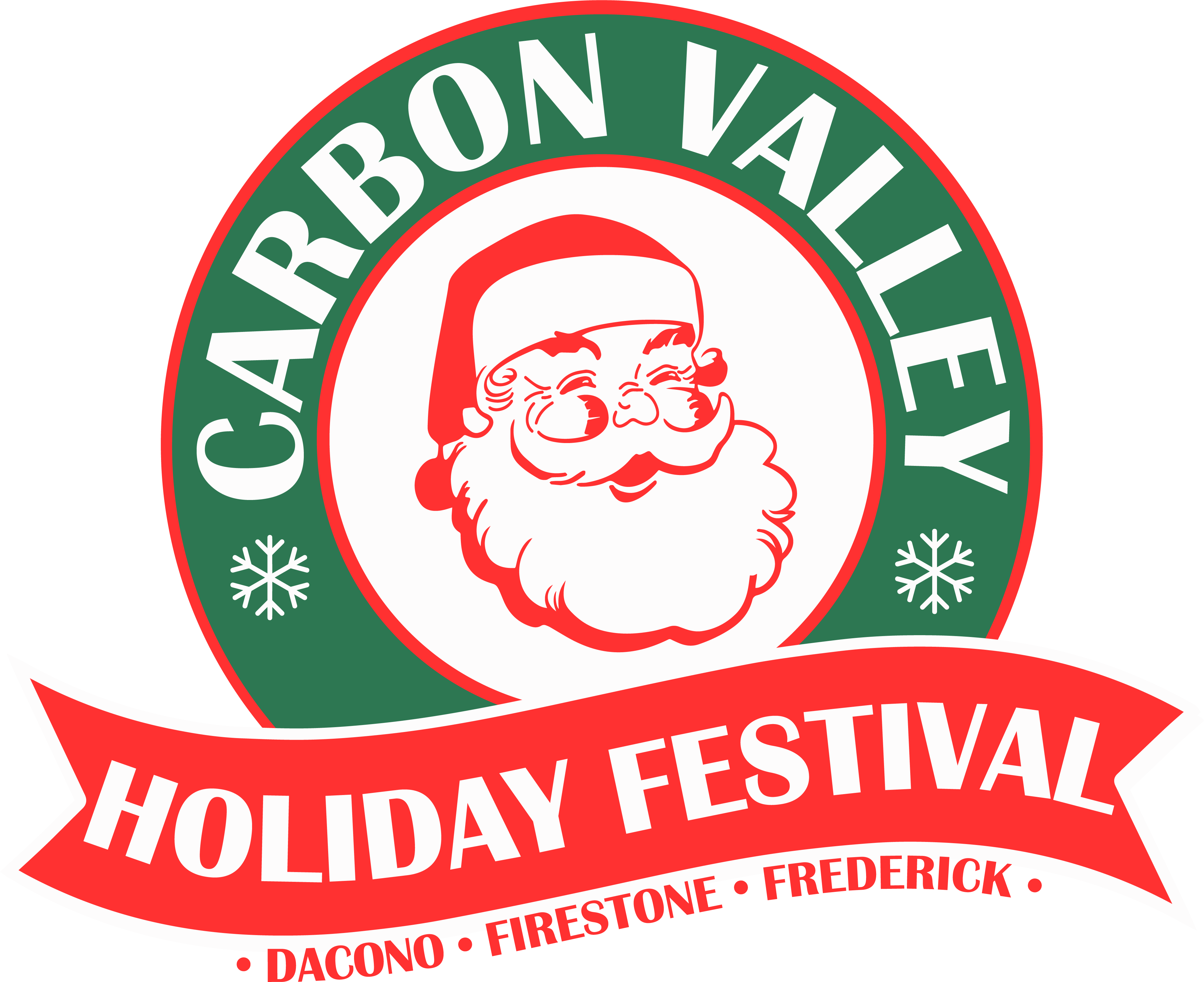 Logo with Santa’s face, text reading “Carbon Valley Holiday Festival Dacono, Firestone, Frederick