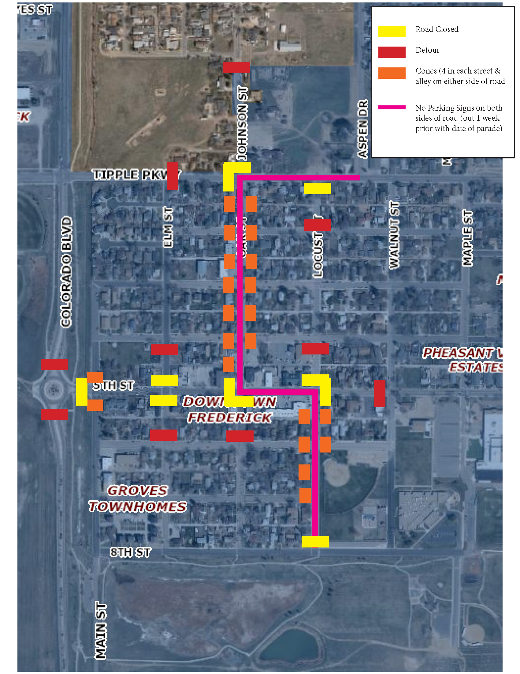 Map showing a traffic plan with highlighted road closures, detour routes, and cone & sign locations